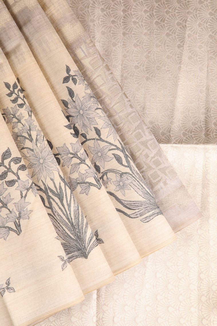Vanilla Custard Yellow Semi Tussar Silk with Silver Zari Floral Patterns view 1
