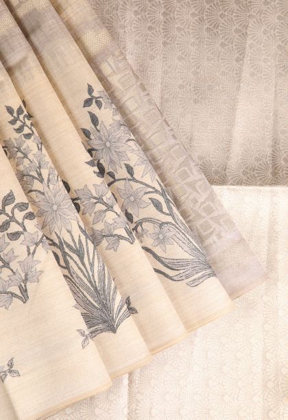 Vanilla Custard Yellow Semi Tussar Silk with Silver Zari Floral Patterns