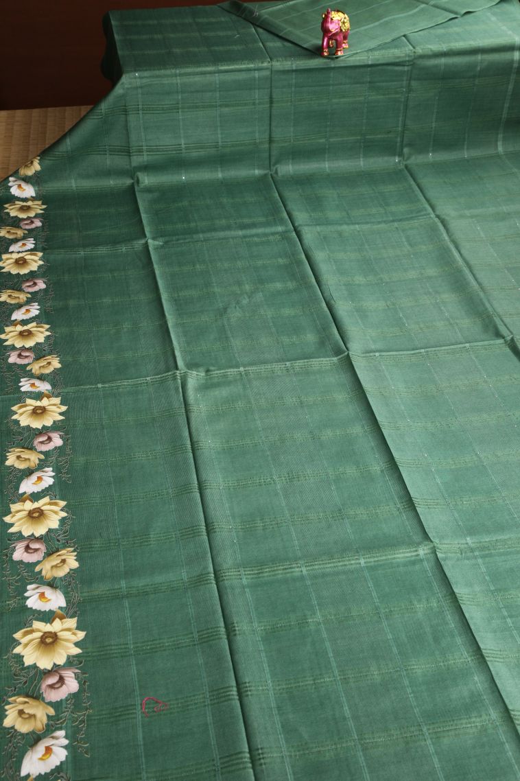 Sage Green Linen Saree with Without Zari Zari Stripes view 2