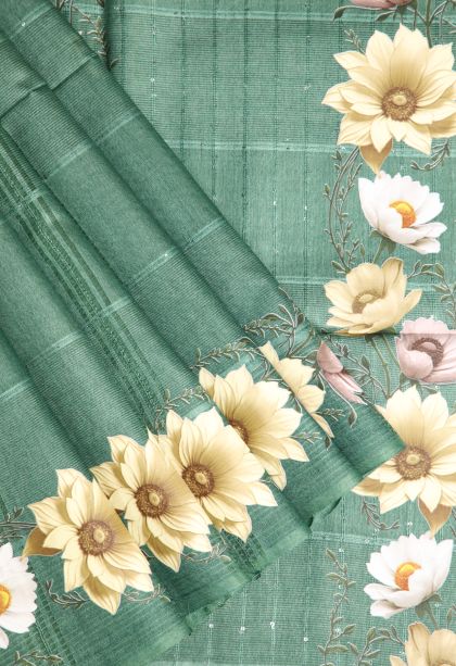 Sage Green Linen Saree with Without Zari Zari Stripes