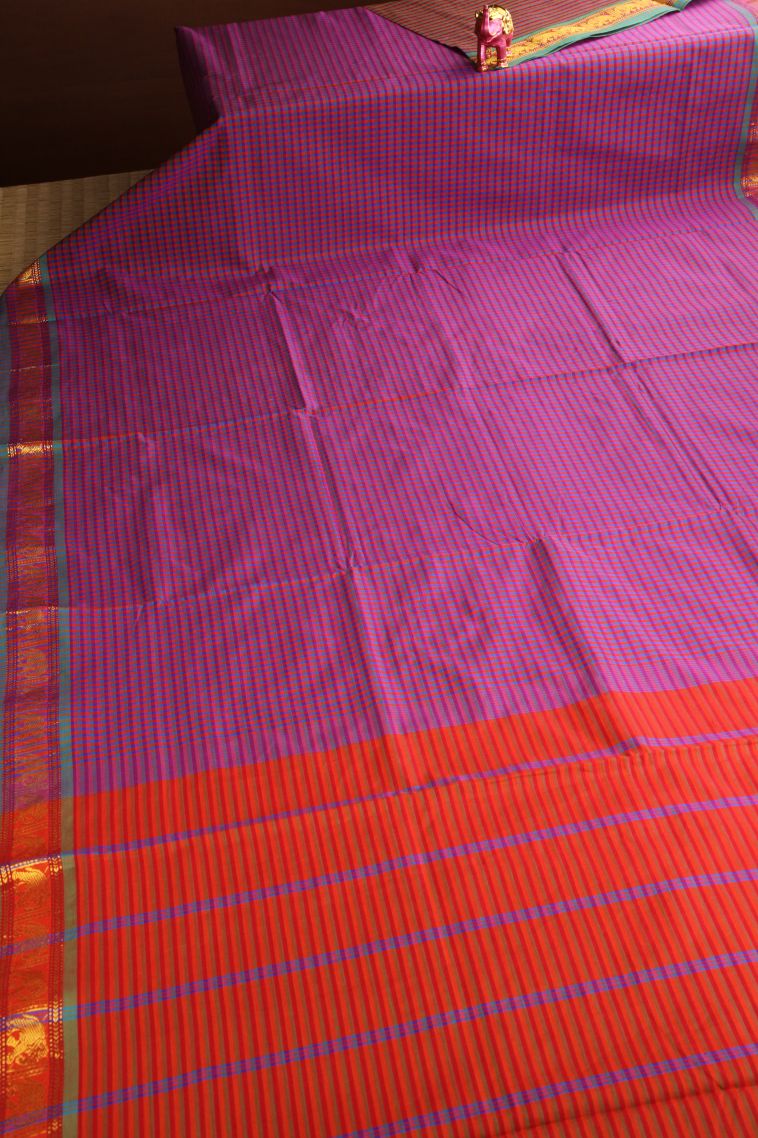 Viola Purple Poly Cotton Sarees Gold Zari with Checks view 2