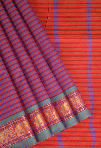 Viola Purple Poly Cotton Sarees Gold Zari with Checks