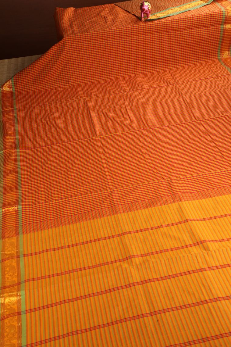 Candy Red Poly Cotton Sarees Gold Zari with Checks view 2