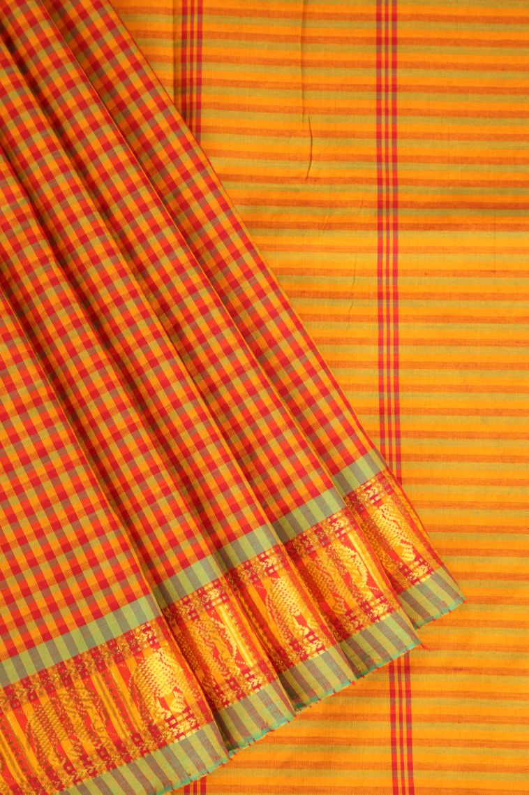 Candy Red Poly Cotton Sarees Gold Zari with Checks