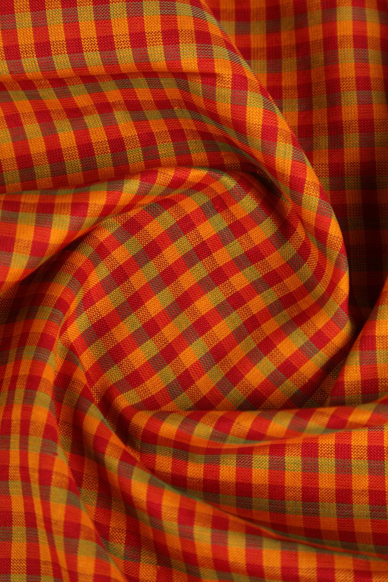 Candy Red Poly Cotton Sarees Gold Zari with Checks view 4