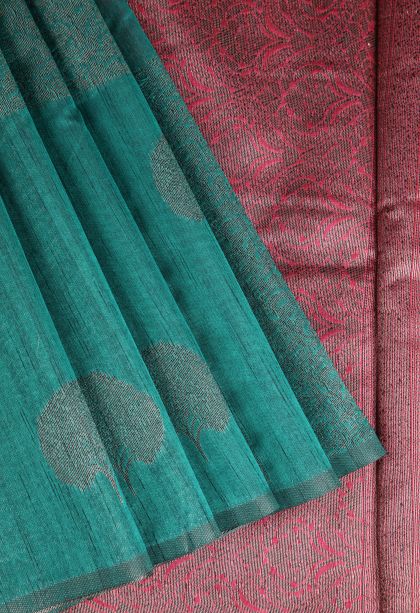Ocean Blue Jute Sarees with Antic Zari Floral Patterns
