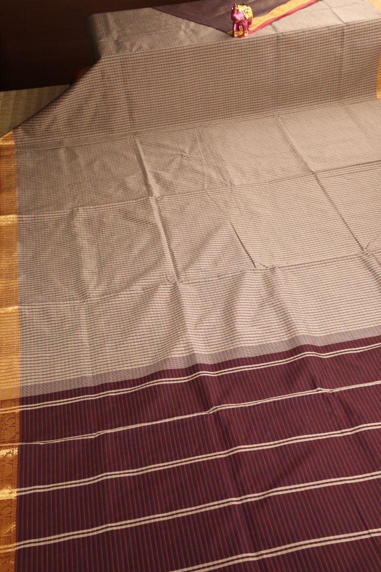 Ivory White Poly Cotton Sarees Gold Zari with Checks view 2