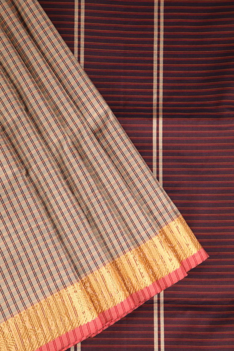Ivory White Poly Cotton Sarees Gold Zari with Checks
