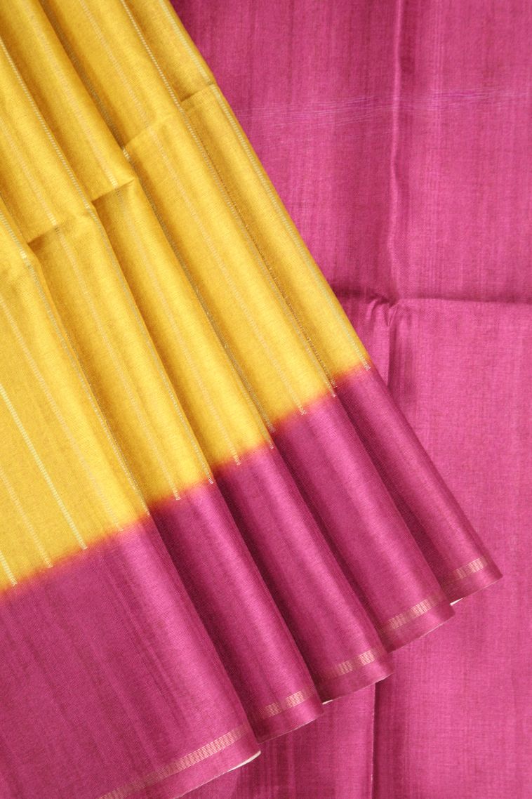 Lemon Yellow Semi Tussar Silk Gold Zari with Zari Stripes