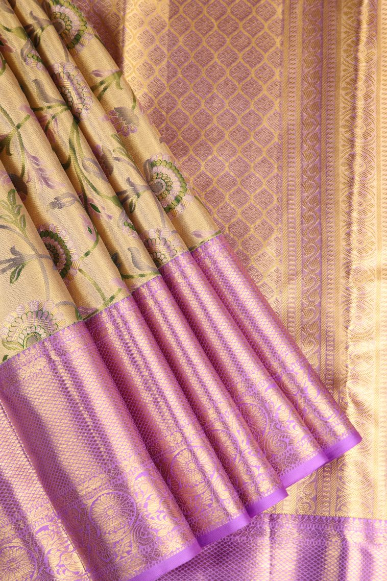 Gold Kanchipuram Silk Sarees with Gold Zari Floral Patterns view 1