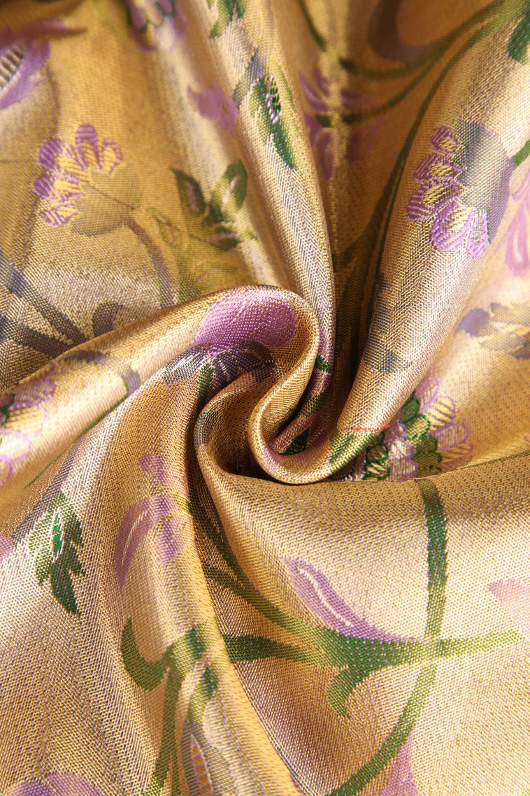 Gold Kanchipuram Silk Sarees with Gold Zari Floral Patterns view 4