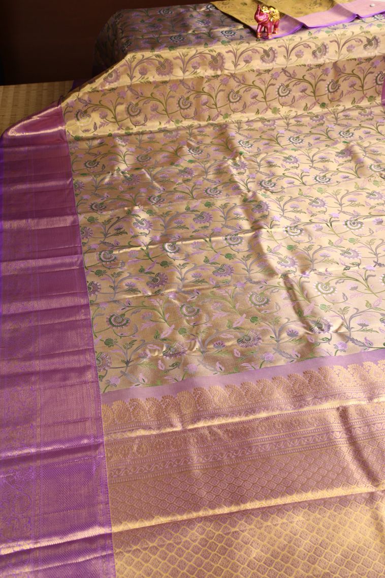 Gold Kanchipuram Silk Sarees with Gold Zari Floral Patterns view 2