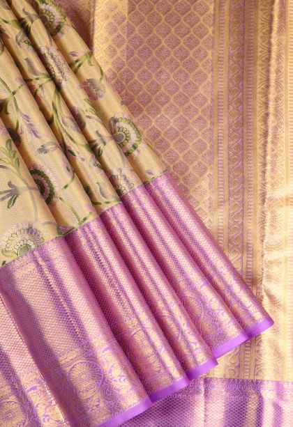 Gold Kanchipuram Silk Sarees with Gold Zari Floral Patterns
