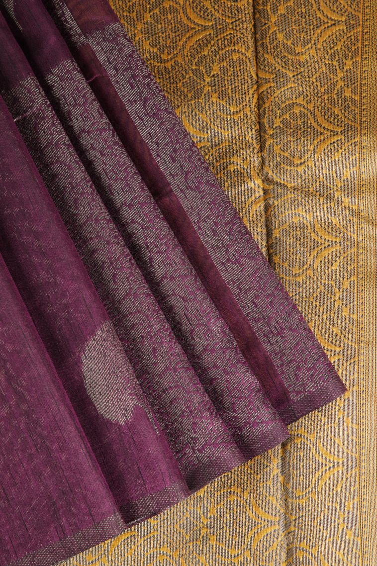 Magenta Purple Jute Sarees with Antic Zari Leaf Pattern