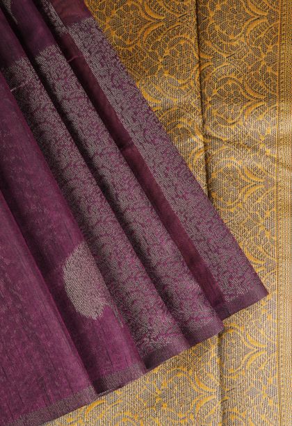 Magenta Purple Jute Sarees with Antic Zari Leaf Pattern