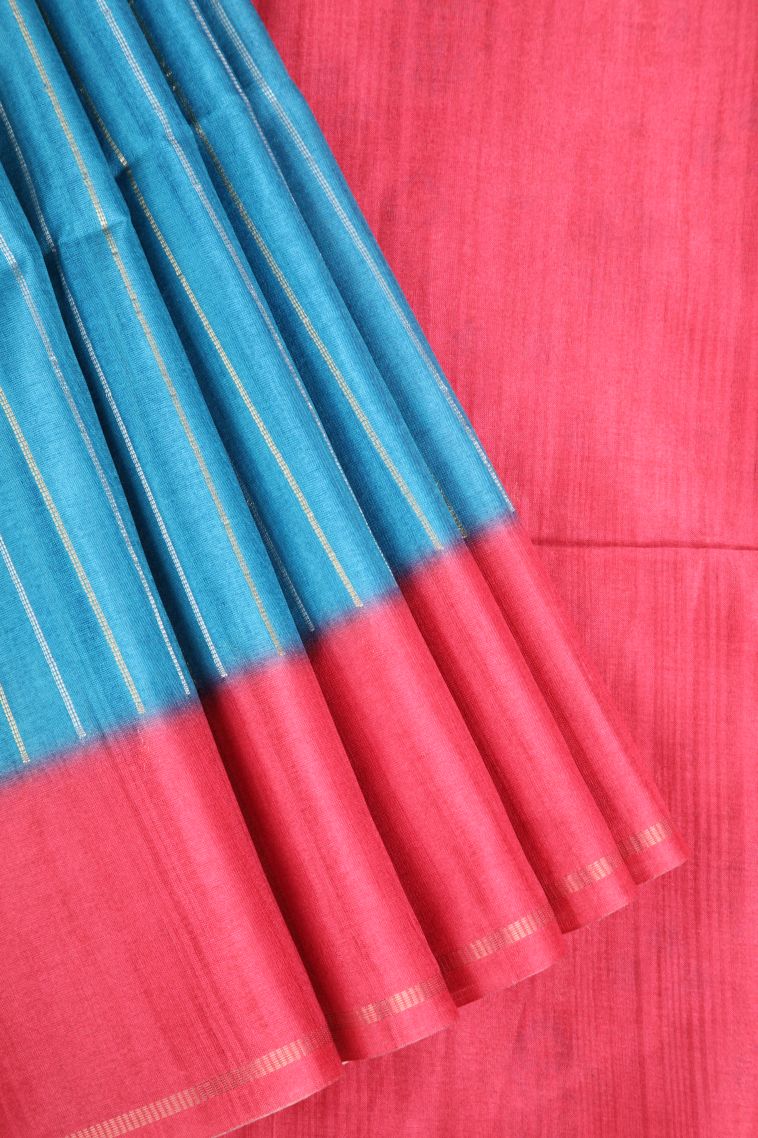 Cerulean Blue Semi Tussar Silk Gold Zari with Zari Stripes view 1
