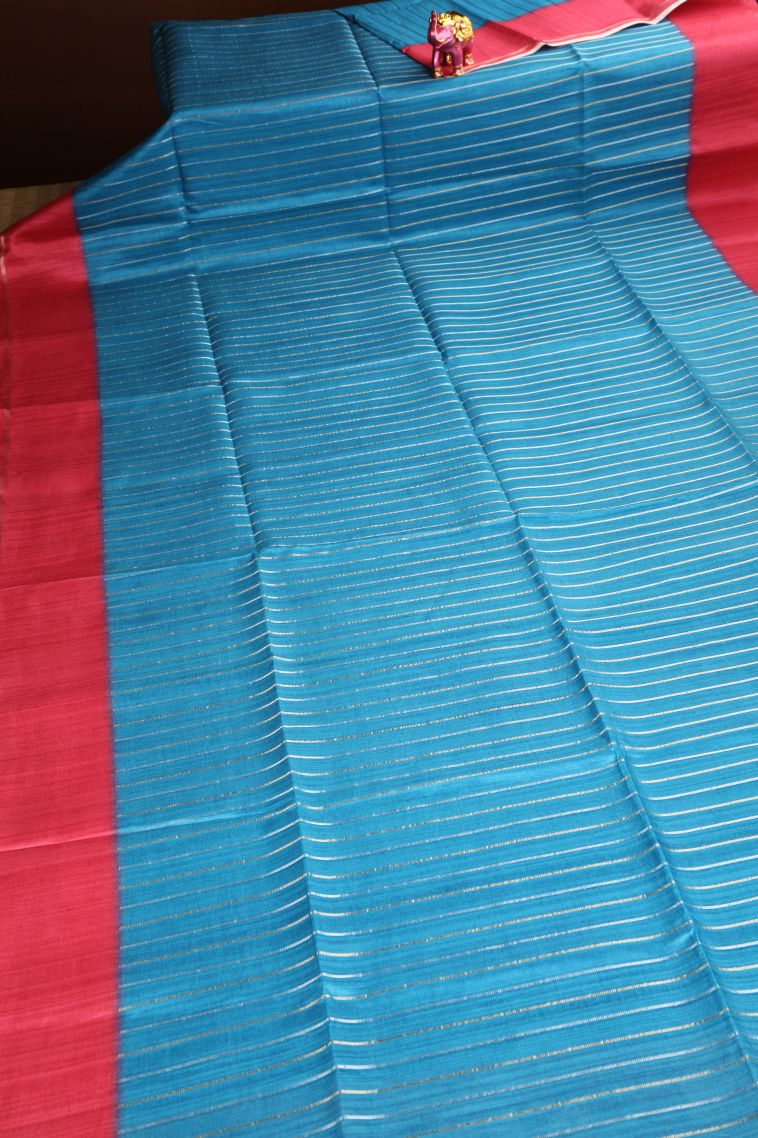 Cerulean Blue Semi Tussar Silk Gold Zari with Zari Stripes view 2
