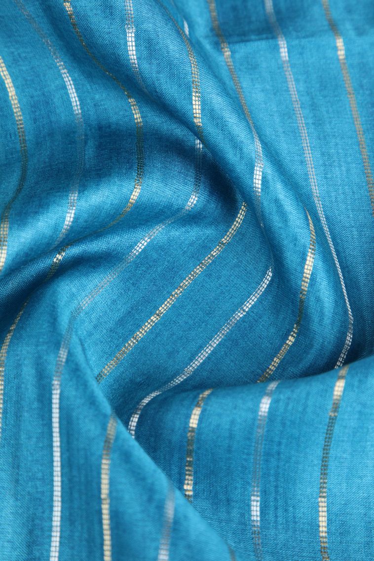 Cerulean Blue Semi Tussar Silk Gold Zari with Zari Stripes view 4