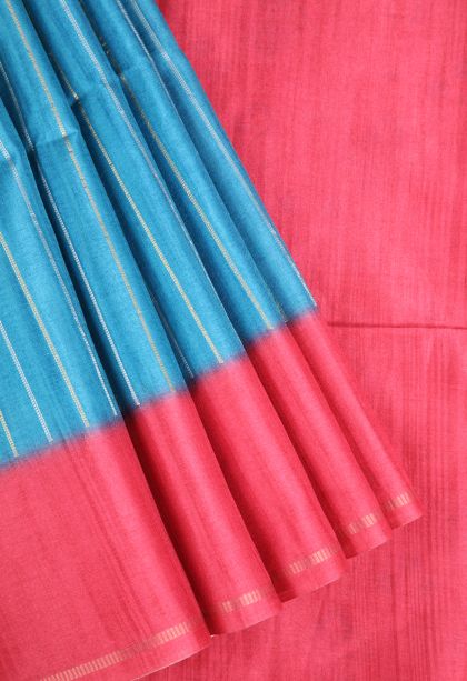 Cerulean Blue Semi Tussar Silk Gold Zari with Zari Stripes