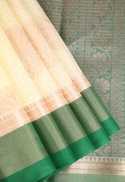 Cream White Silk Cotton Sarees with Copper Zari Floral Patterns