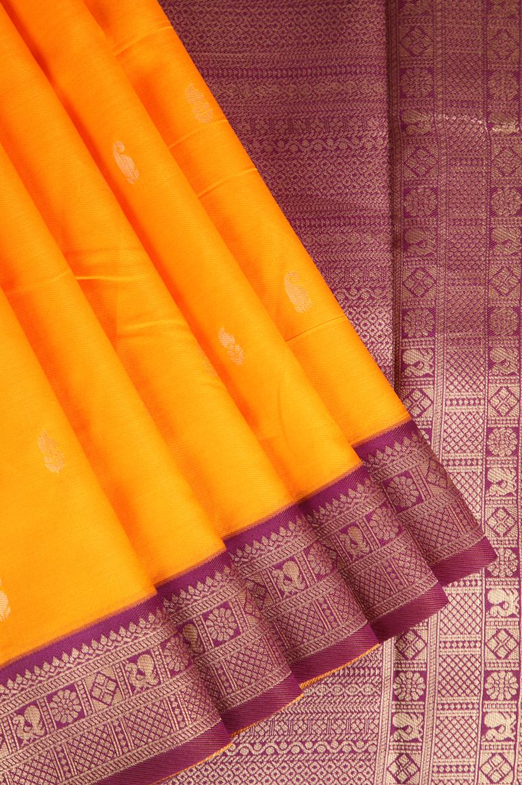 Tangerine Orange Raw Silk Sarees with Gold Zari Mango Puttas view 1