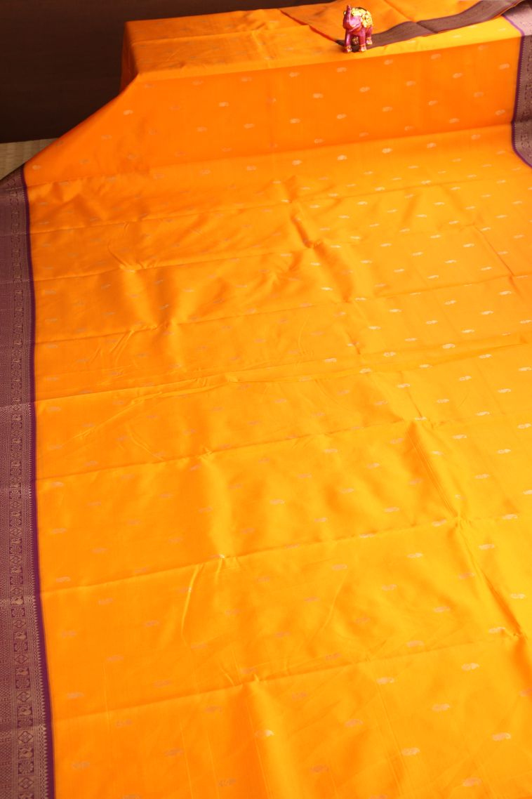 Tangerine Orange Raw Silk Sarees with Gold Zari Mango Puttas view 2