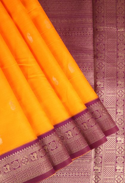 Tangerine Orange Raw Silk Sarees with Gold Zari Mango Puttas