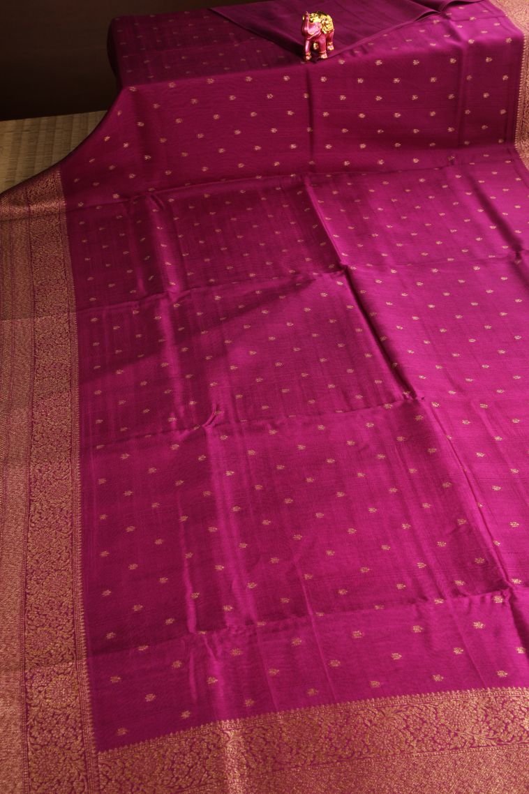 Magenta Pink Banaras Sarees Antic Zari with Floral Puttas view 2