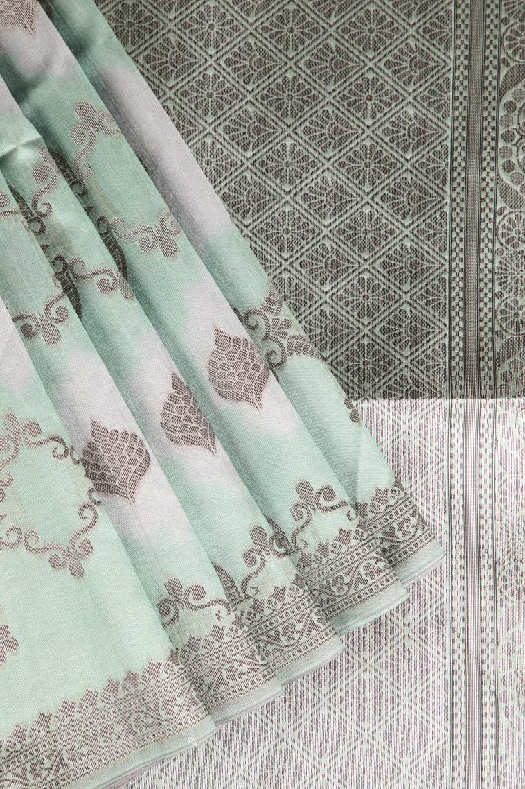 Pistachio Green Semi Tussar Silk with Antic Zari Floral Patterns view 1