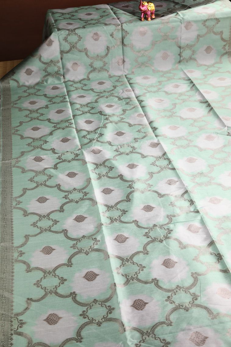 Pistachio Green Semi Tussar Silk with Antic Zari Floral Patterns view 2