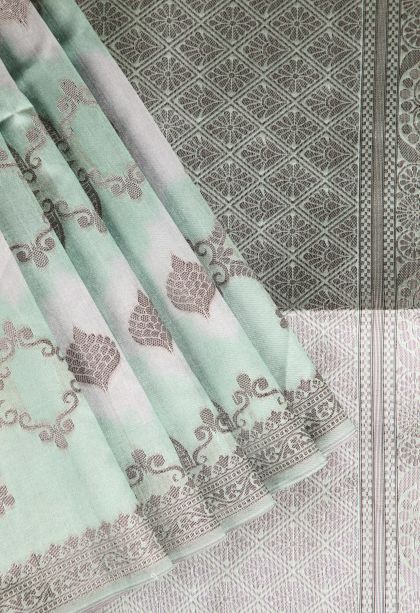 Pistachio Green Semi Tussar Silk with Antic Zari Floral Patterns