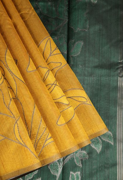 Macaroon Yellow Jute Sarees with Silver Zari Floral Patterns
