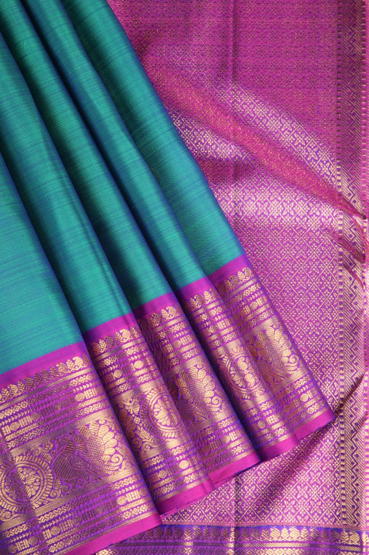 Ocean Blue Kanchipuram Silk Sarees with Gold Zari Geometric Shapes view 1