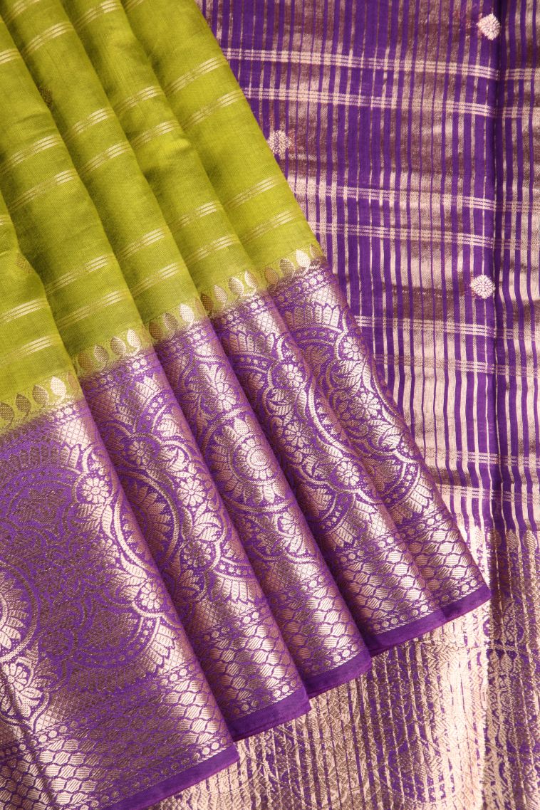 Lime Green Chanderi Cotton Sarees Antic Zari with Cross Straipes