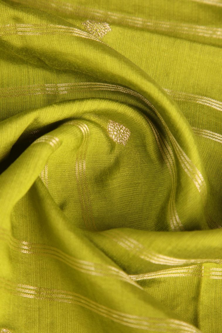 Lime Green Chanderi Cotton Sarees Antic Zari with Cross Straipes view 4