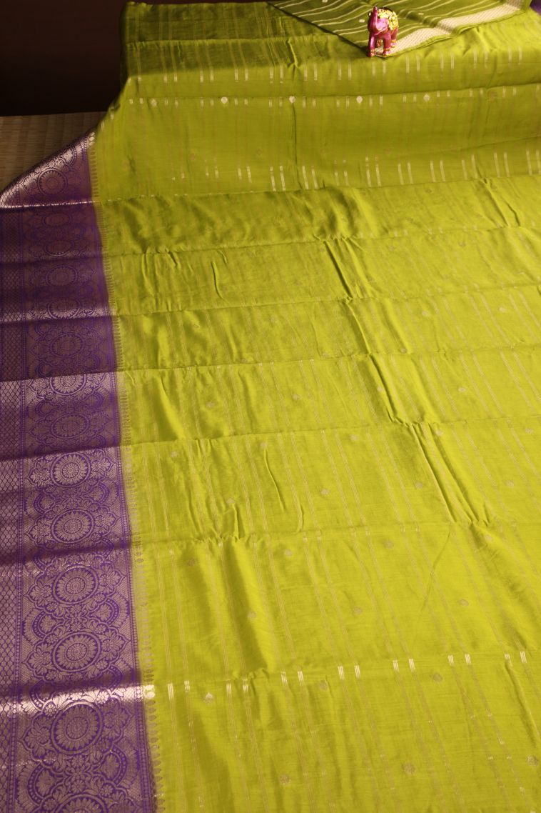 Lime Green Chanderi Cotton Sarees Antic Zari with Cross Straipes view 2