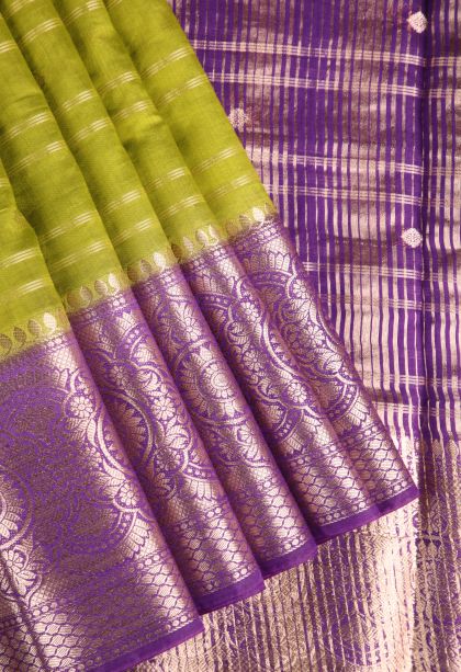 Lime Green Chanderi Cotton Sarees Antic Zari with Cross Straipes