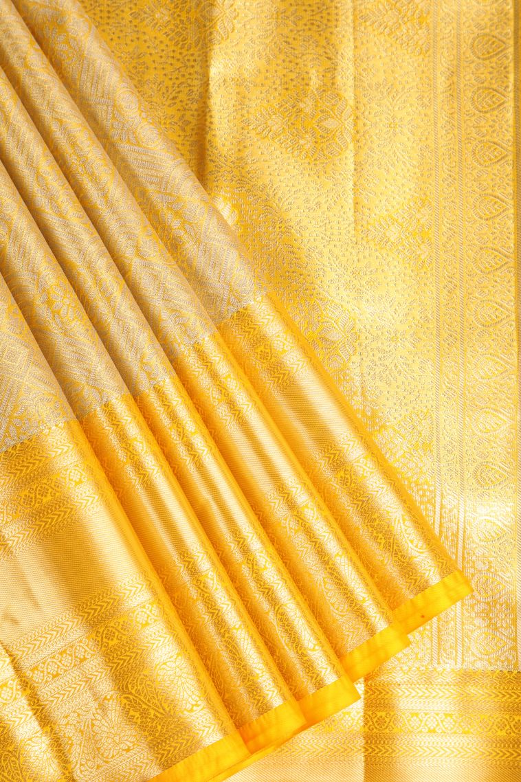 Briht Yellow Apoorva Silk Sarees with Gold And Silver Zari Geometric Shapes view 1