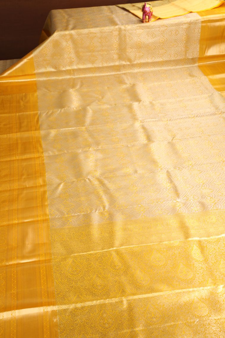 Briht Yellow Apoorva Silk Sarees with Gold And Silver Zari Geometric Shapes view 2