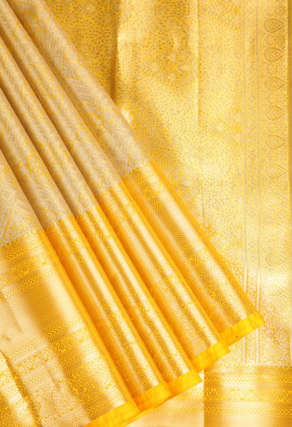 Briht Yellow Apoorva Silk Sarees with Gold And Silver Zari Geometric Shapes