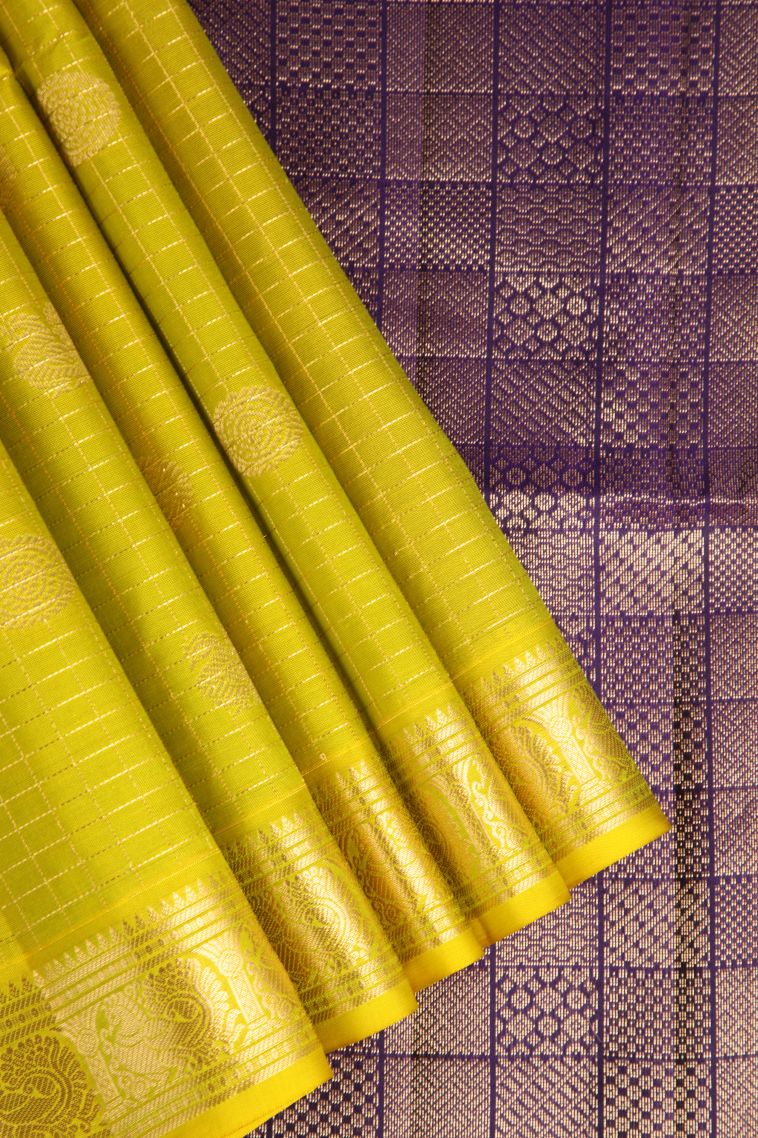 Lime Yellow Soft Silk Saree with Gold Zari Peacock Motifs view 1
