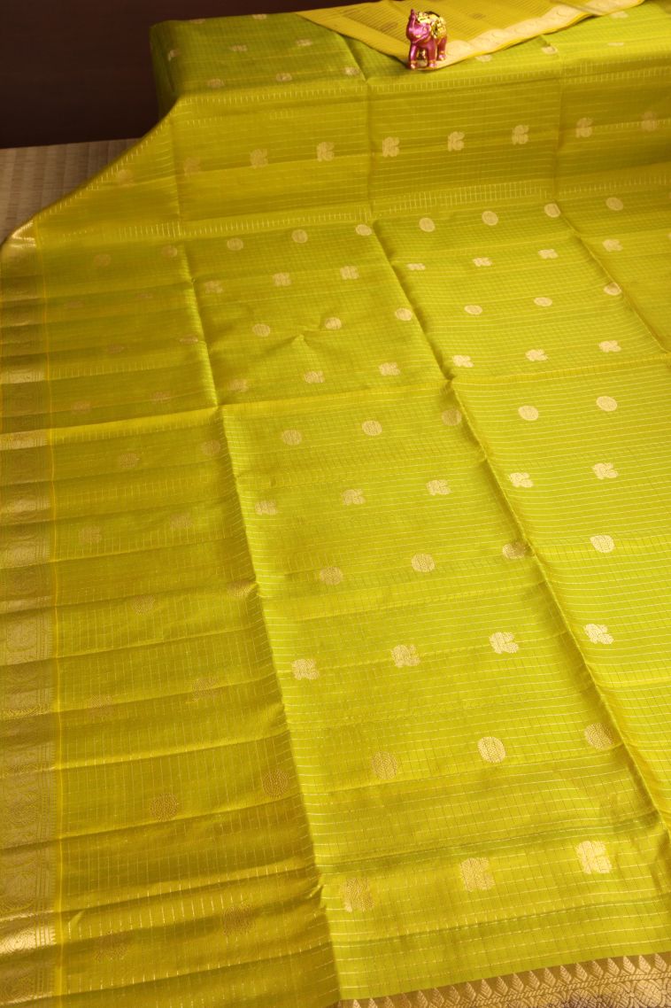 Lime Yellow Soft Silk Saree with Gold Zari Peacock Motifs view 2