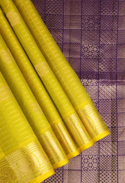 Lime Yellow Soft Silk Saree with Gold Zari Peacock Motifs