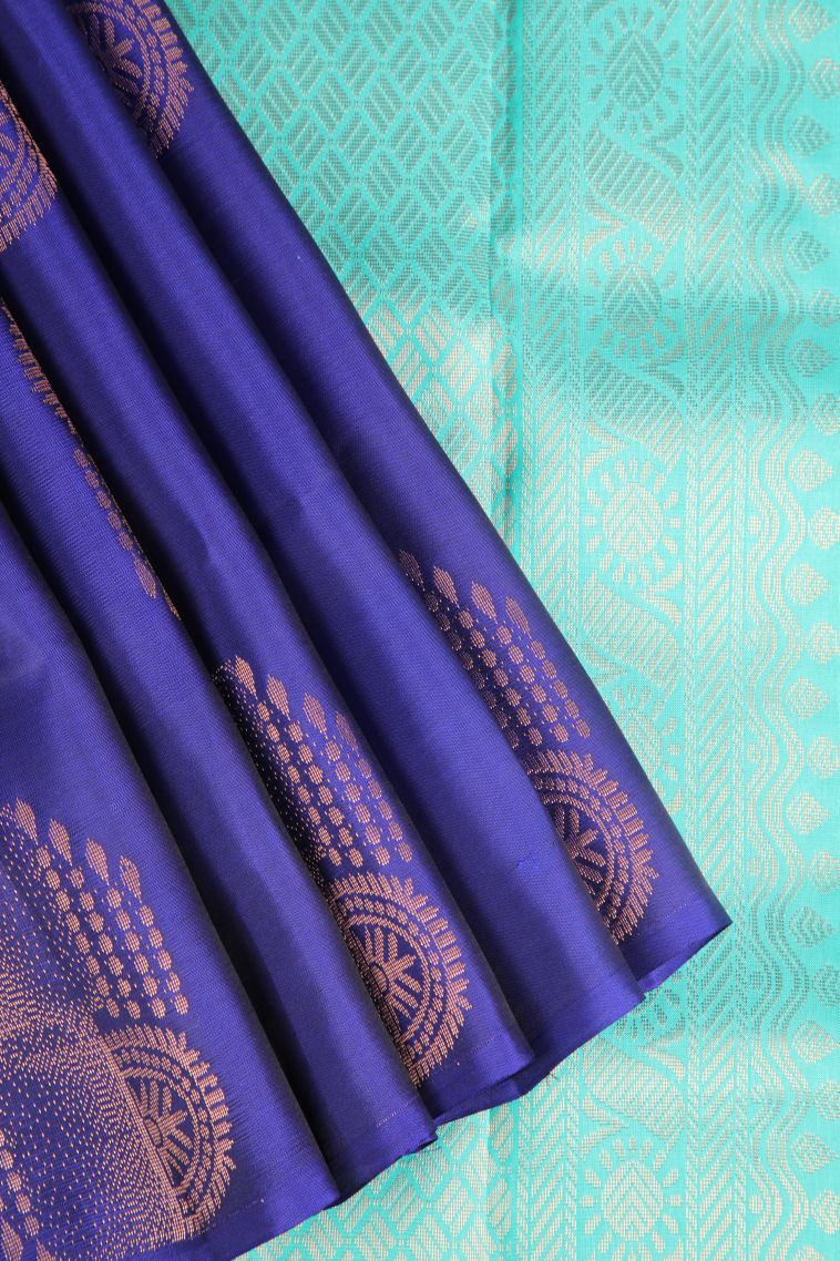 Lapis Blue Soft Silk Saree with Copper Zari Geometric Shapes view 1