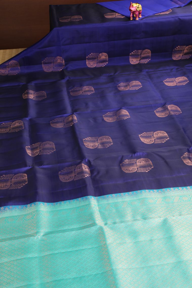 Lapis Blue Soft Silk Saree with Copper Zari Geometric Shapes view 2