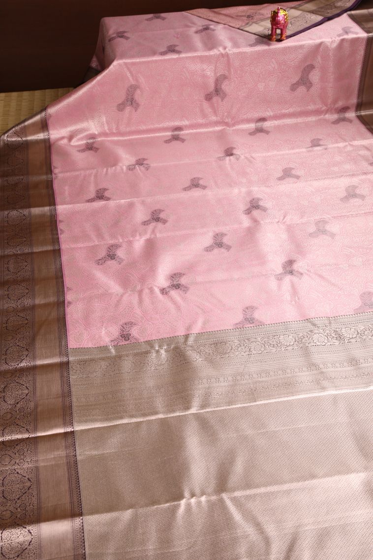 Lemonade Pink Apoorva Silk Sarees with Silver Zari Buttis (small Dots Or Motifs) view 2