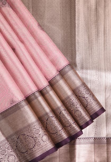Lemonade Pink Apoorva Silk Sarees with Silver Zari Buttis (small Dots Or Motifs)