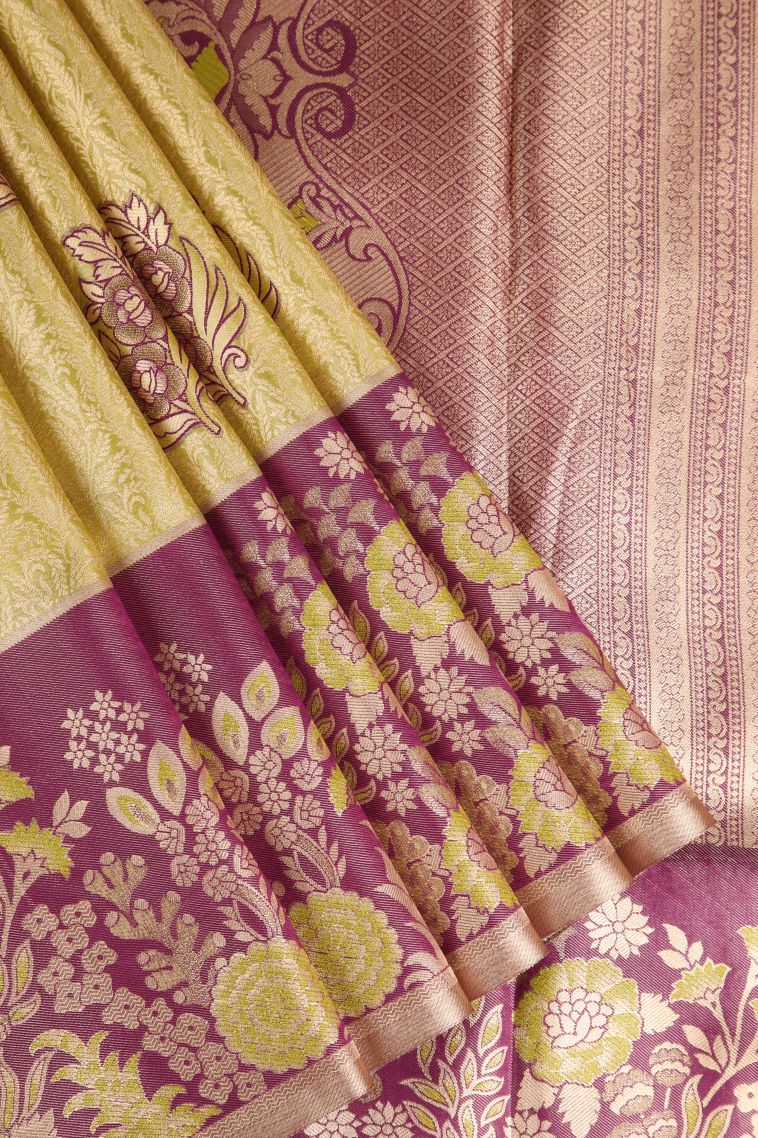 Olive Green Apoorva Silk Sarees with Gold Zari Floral Patterns view 1