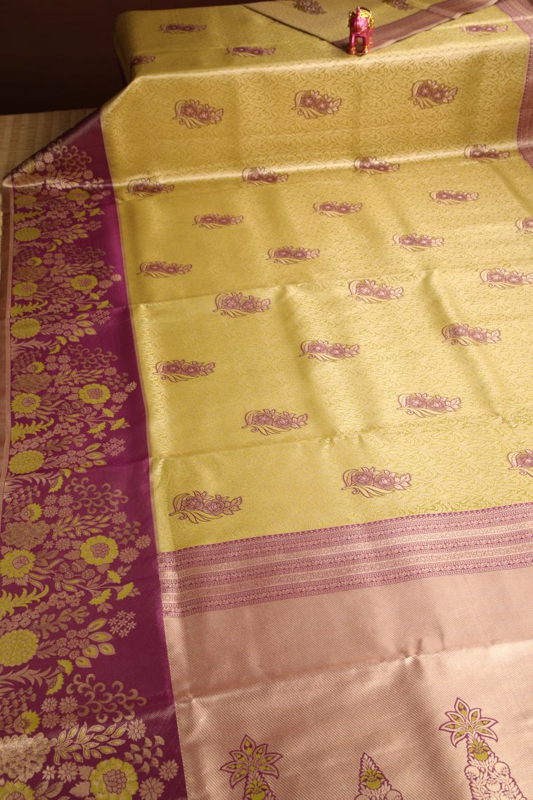 Olive Green Apoorva Silk Sarees with Gold Zari Floral Patterns view 2