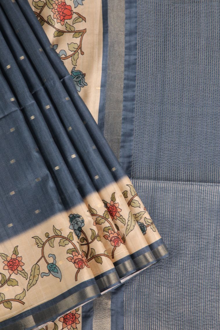 Aegean Blue Semi Raw Silk Printed Gold Zari with Zari Puttas view 1